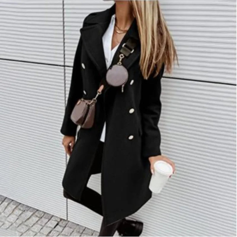 legante Wolljacke mit Revers & Zweireiher-Design – Langer Mantel für Damen